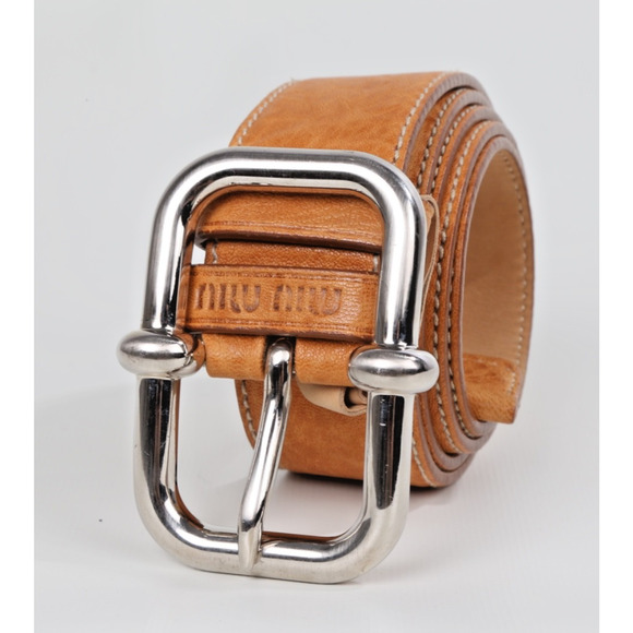 Miu Miu Beige Leather Waist Belt Silver Buckle Designer Italy Size 36 / 90 - Picture 1 of 10